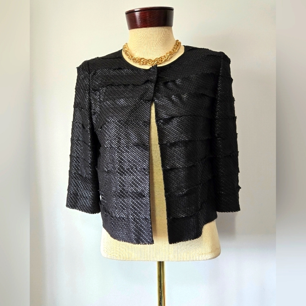 Joan & David Lightweight Black Cropped Textured Jacket With Mulberry Silk Trim.